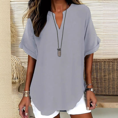 Blouse femme – Coupe décontractée – Manches courtes – Col en V – Fibres naturelles