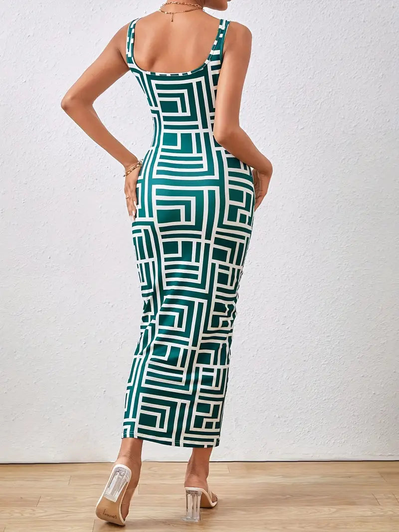 Robe Midi Femme - Coupe Ajustée - Sans Manches - Encolure Carrée - Style Moderne