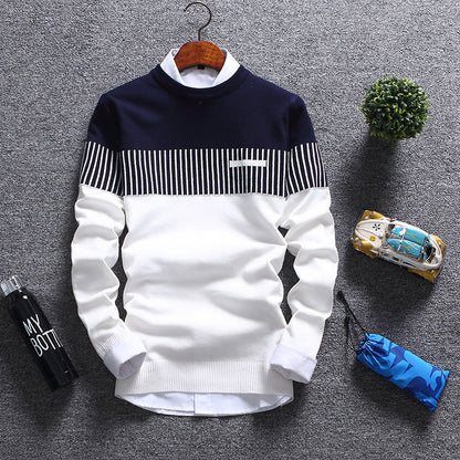 Pull homme – Laine – Coupe régulière – Col rond – Motif rayé élégant