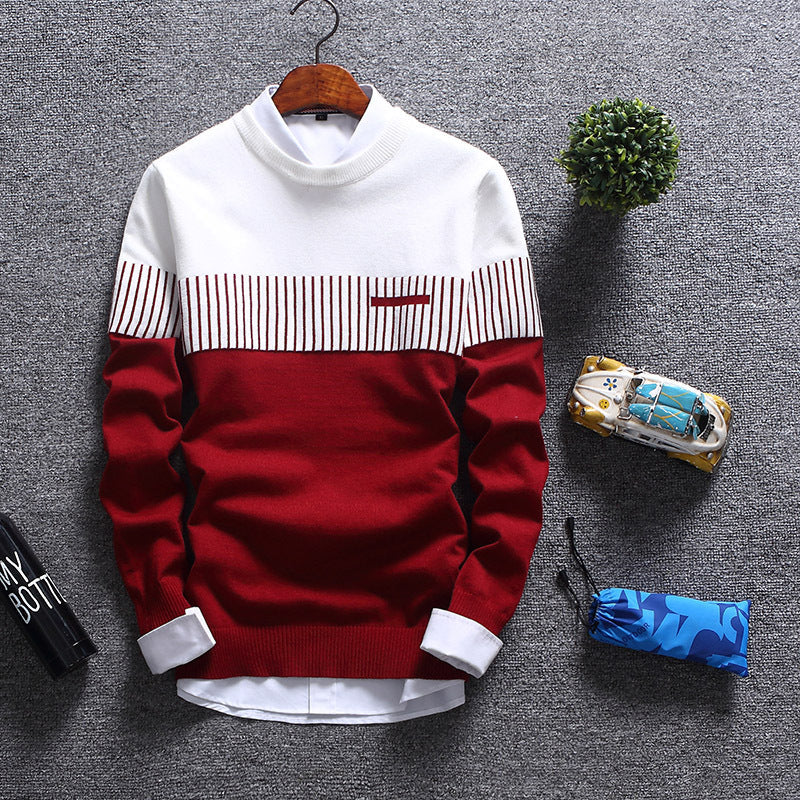 Pull homme – Laine – Coupe régulière – Col rond – Motif rayé élégant