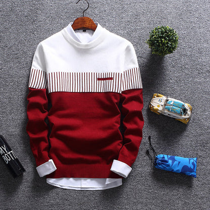 Pull homme – Laine – Coupe régulière – Col rond – Motif rayé élégant