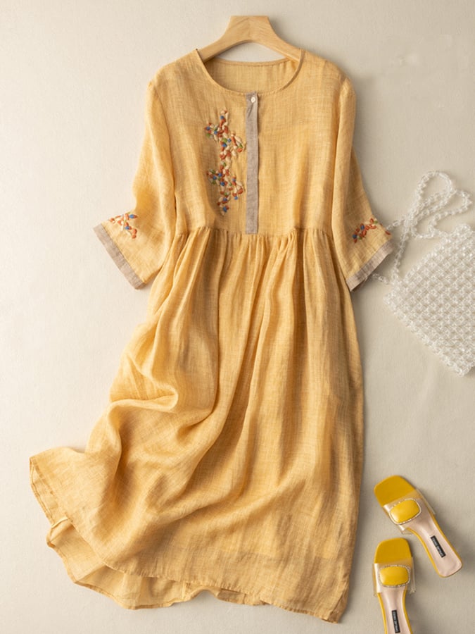 Robe femme midi – Coupe ample – Manches 3/4 – Fibre naturelle – Détails brodés