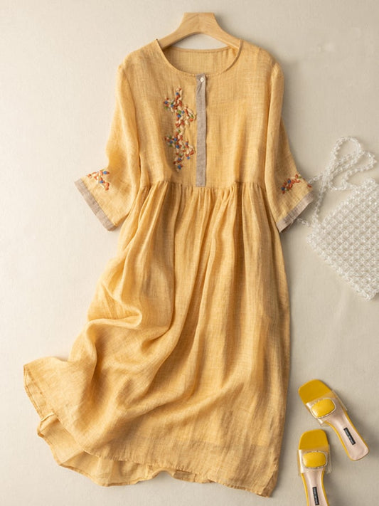 Robe femme midi – Coupe ample – Manches 3/4 – Fibre naturelle – Détails brodés