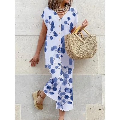 Robe Longue Femme - Fluide et Légère - Imprimé Botanique - Col V Boutonné - Manches Courtes