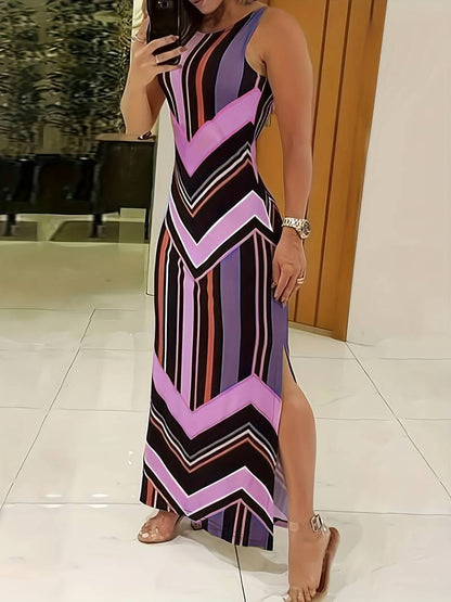Robe Maxi Femme - Sans Manches - Fendue Côté - Coupe Moulante - Motif Géométrique