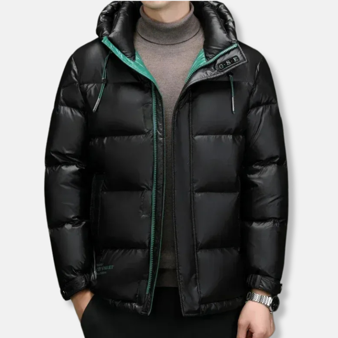 Veste homme en duvet – Coupe régulière – Capuche – Déperlant – Fermeture zippée et boutons