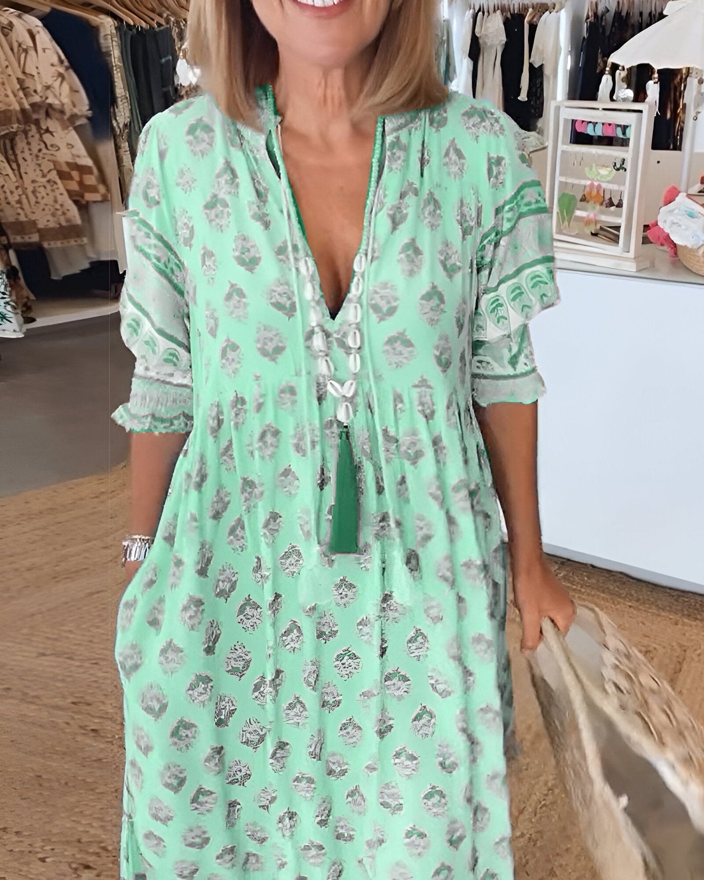 Robe longue femme – Tissu naturel – Motif bohème – Manches 3/4 – Coupe fluide