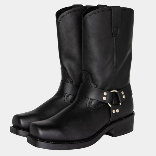 Bottes western unisexe – Mi-mollet – Cuir lisse – Bout rond – Talon stable