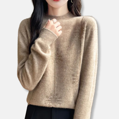 Femme Pull - Maille Pelucheuse - Coupe Décontractée - Col Montant Côtelé - Motif Flocon Scintillant