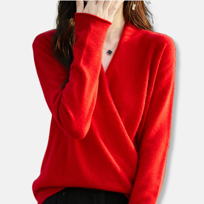 Pull femme col V – Maille laine douce – Coupe décontractée – Manches longues