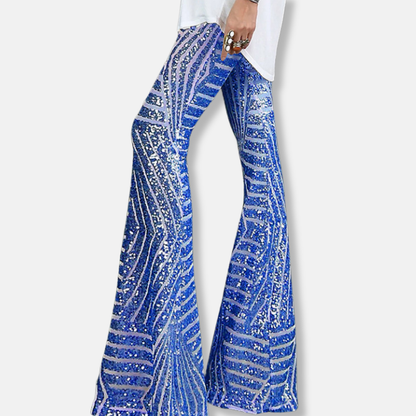 Pantalon femme – Taille haute – Jambe large – Sequins géométriques – Longueur totale