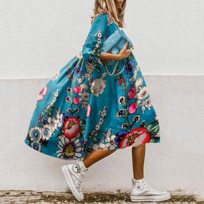 Robe Maxi Femme - Fluide et Confortable - Manches 3/4 - Col Rond - Motif Fleuri