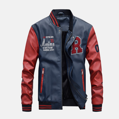 Blouson homme style varsity – Corps cuir lisse – Finition côtelée – Fermeture pression