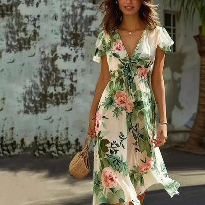 Robe Midi Femme - Décolleté V - Manches Courtes Volantées - Coupe Portefeuille Fluide