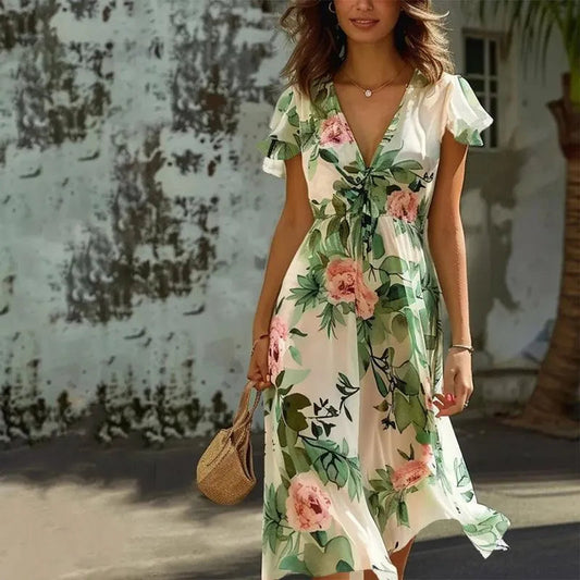 Robe Midi Femme - Décolleté V - Manches Courtes Volantées - Coupe Portefeuille Fluide