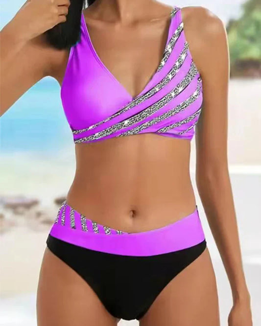 Bikini femme – Taille haute – Haut croisé – Tissu extensible respirant – Rayures imprimées