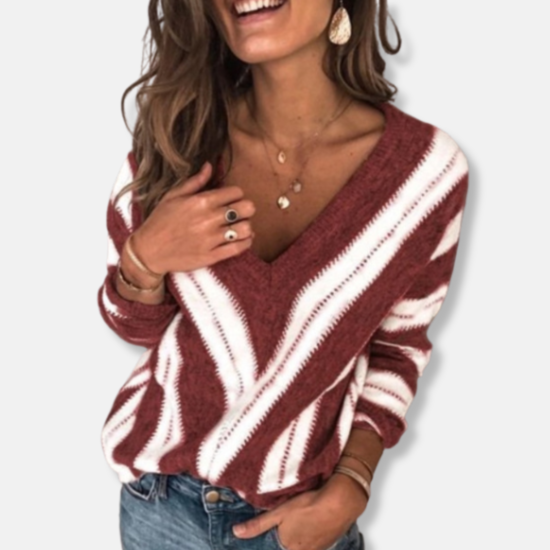 Anna Laine V-Neck Sweater | Sweater Décontracté Rayé Manches Longues