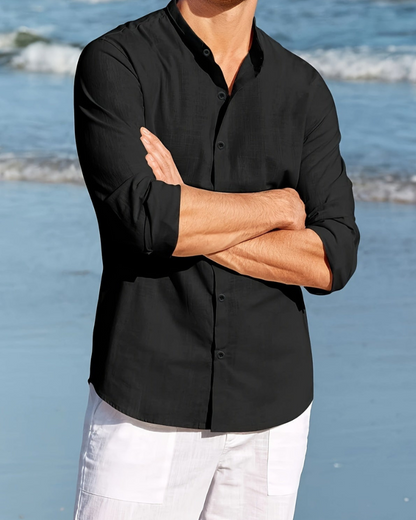 Chemise homme – Coupe décontractée – Tissu respirant – Col mao – Manches longues