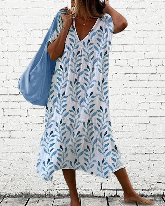 Robe midi femme – Coupe décontractée – Tissu respirant – Imprimé feuillage – Manches courtes