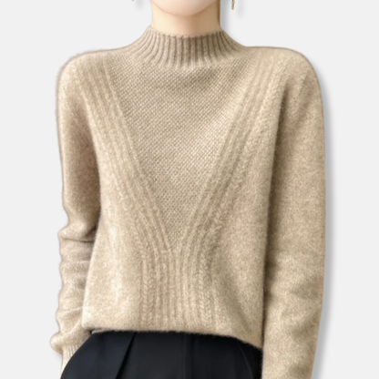 Pull femme – Laine – Coupe décontractée – Col montant – Maille côtelée