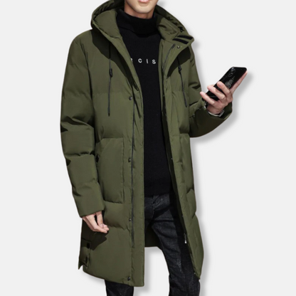 Manteau long homme – Capuche réglable – Matelassé chaud – Coupe régulière – Poignets côtelés