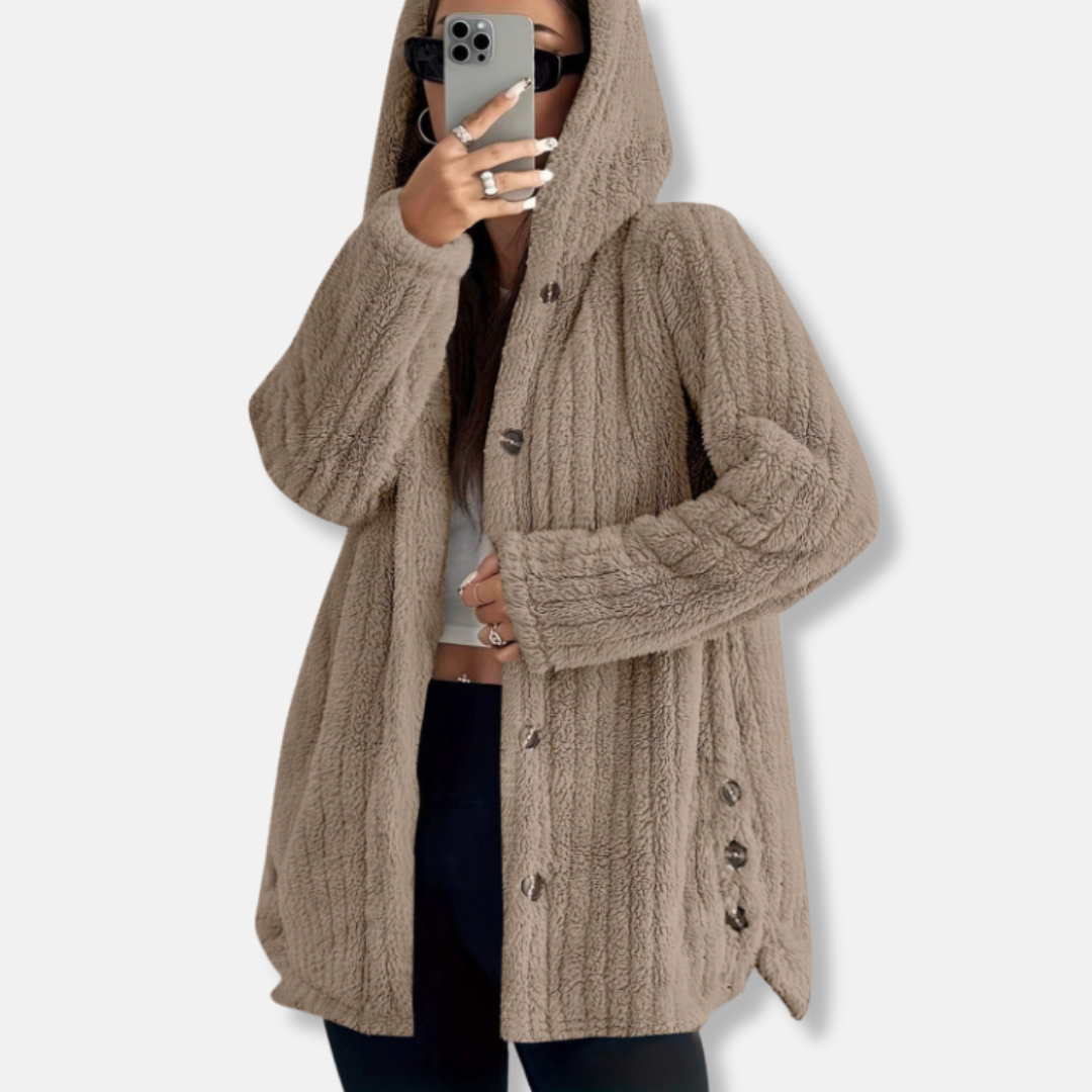 Manteau femme à capuche – Coupe ample – Boutonné – Tissu doux effet peluche