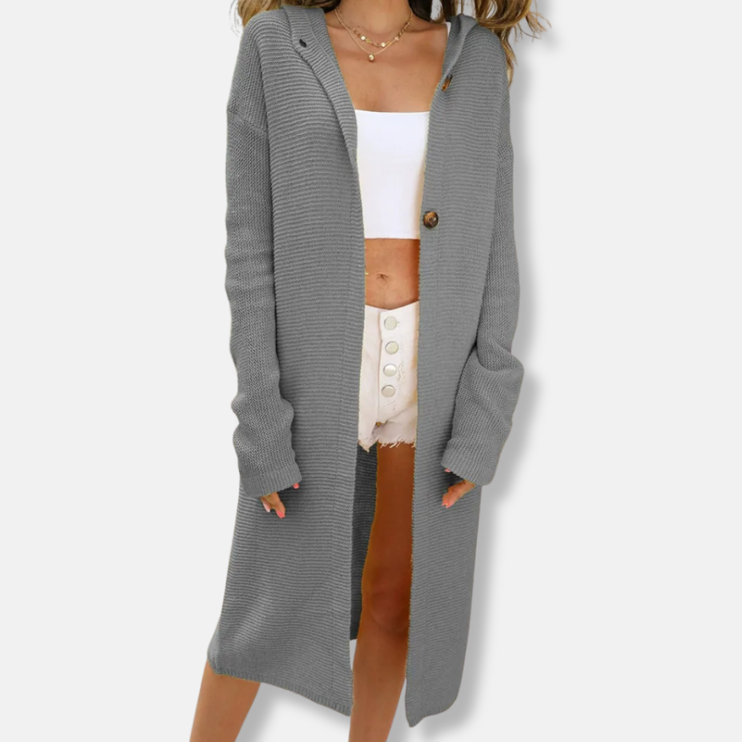 Femme Cardigan - Maille Côtelée - Capuche - Manches Longues - Longueur Mi-Cuisse