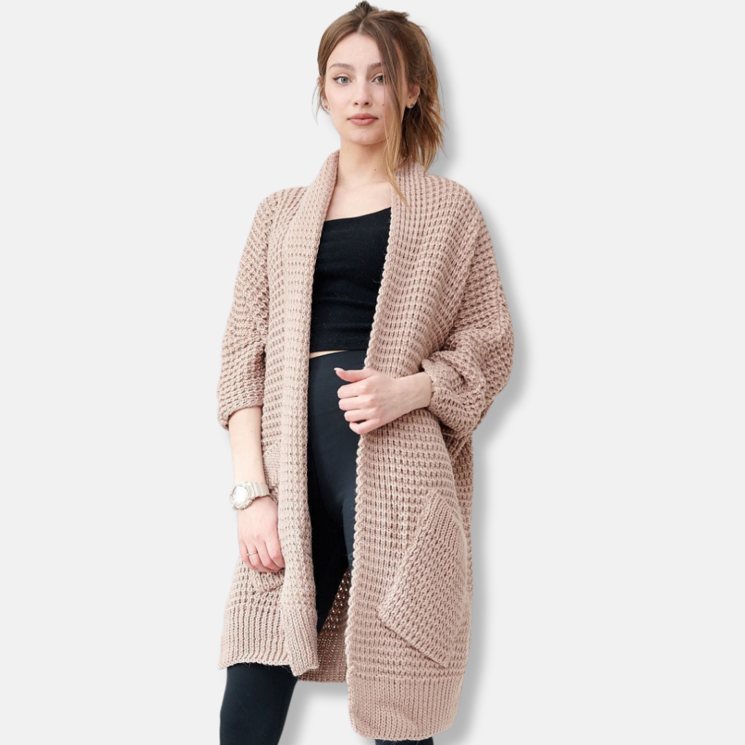 Manteau Femme en Maille – Coupe Oversize – Devant Ouvert – Poches Plaquées
