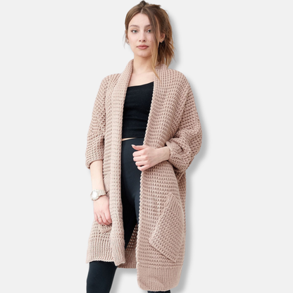 Manteau Femme en Maille – Coupe Oversize – Devant Ouvert – Poches Plaquées
