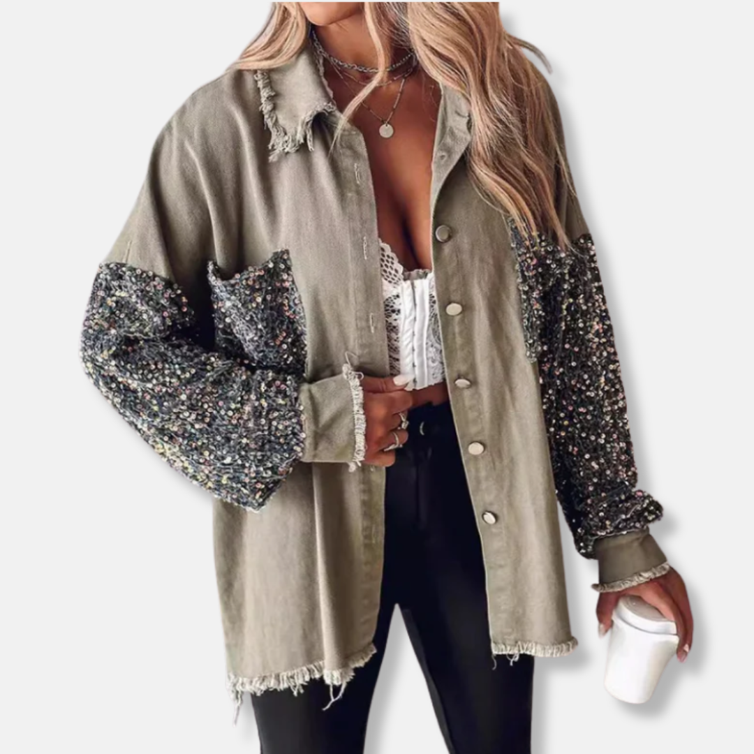 Femme Veste en Jean - Coton Mélangé - Coupe Oversize - Longueur Tunique - Bords Effilochés