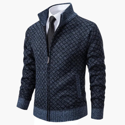 Veste zippée homme – Maille fine – Coupe ajustée – Motif losange – Col montant