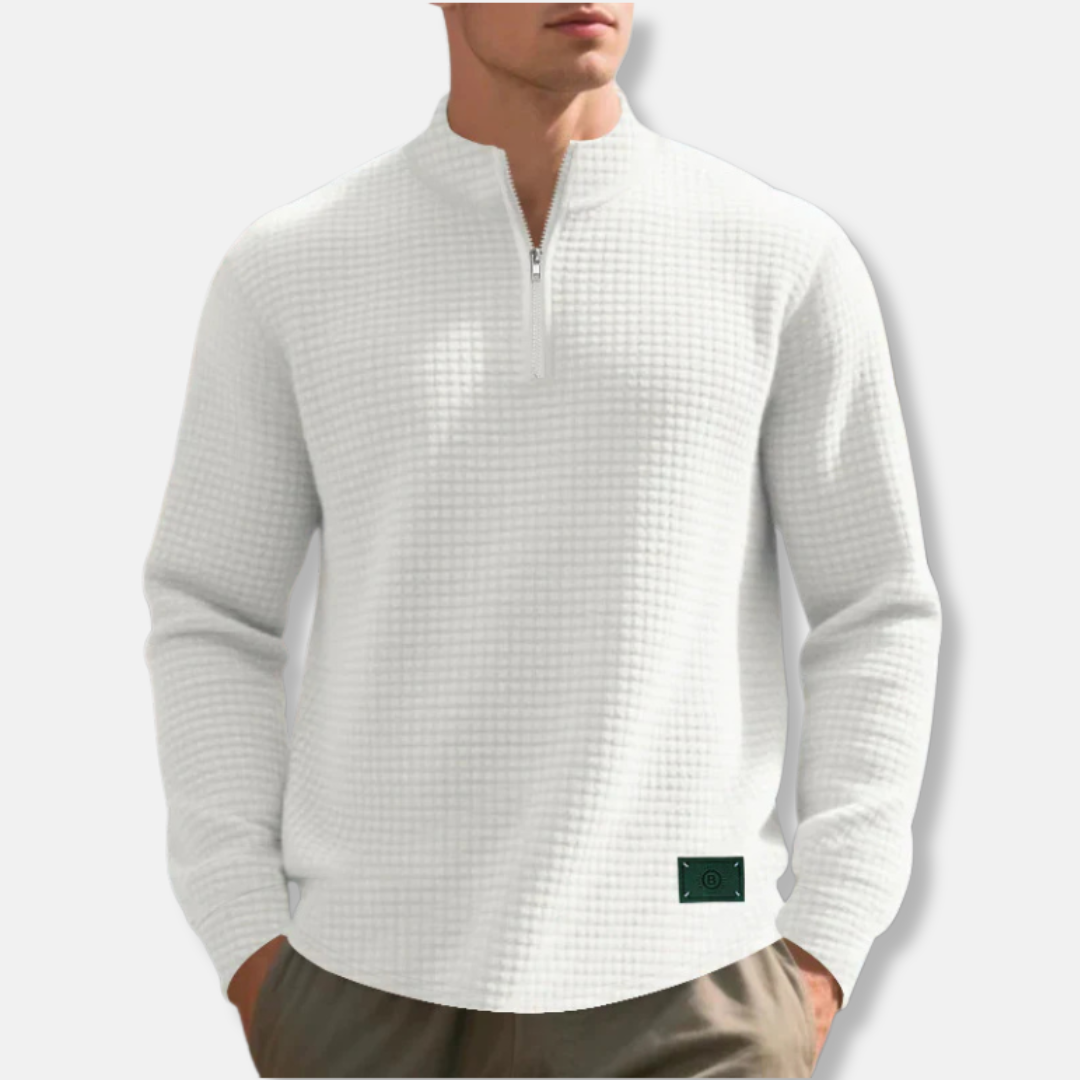 Homme Pull - Mélange Coton - Manches Longues - Col Montant Zippé