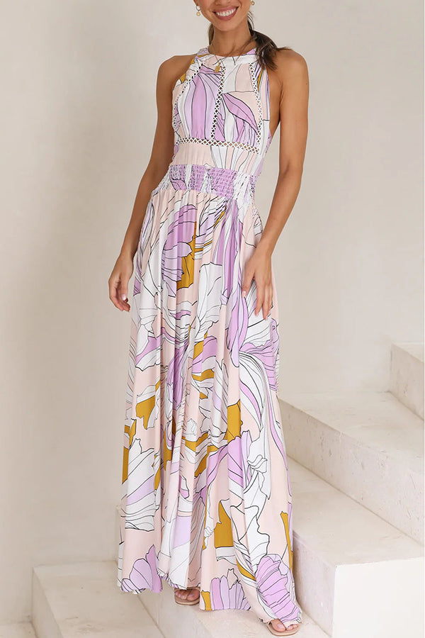 Robe Longue Femme - Sans Manches - Col Haut - Coupe Évasée - Motif Patchwork Fluide