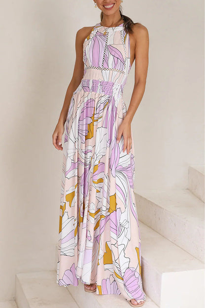 Robe Longue Femme - Sans Manches - Col Haut - Coupe Évasée - Motif Patchwork Fluide