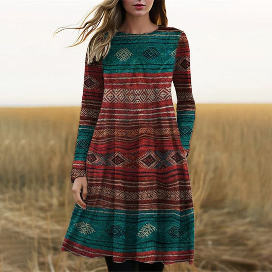 Robe midi femme – Coupe évasée – Motifs bohèmes – Manches longues – Tissu respirant