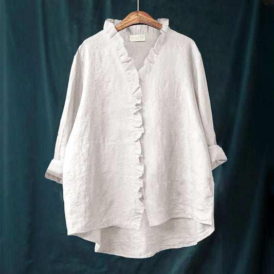 Blouse femme – Coupe ample – Fibres naturelles – Volants – Manches longues retroussées