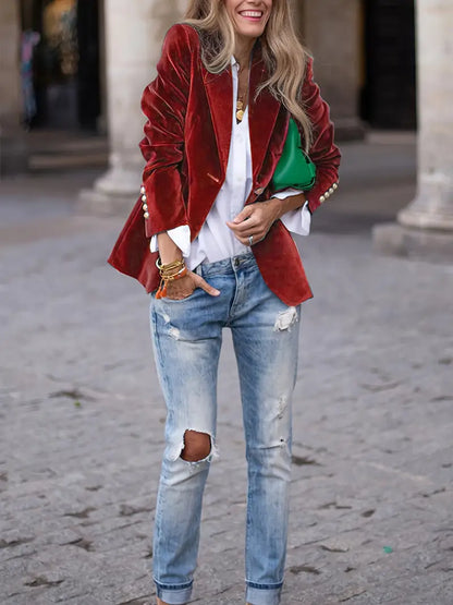 Veste blazer femme – Coupe cintrée – Velours doux – Simple boutonnage élégant