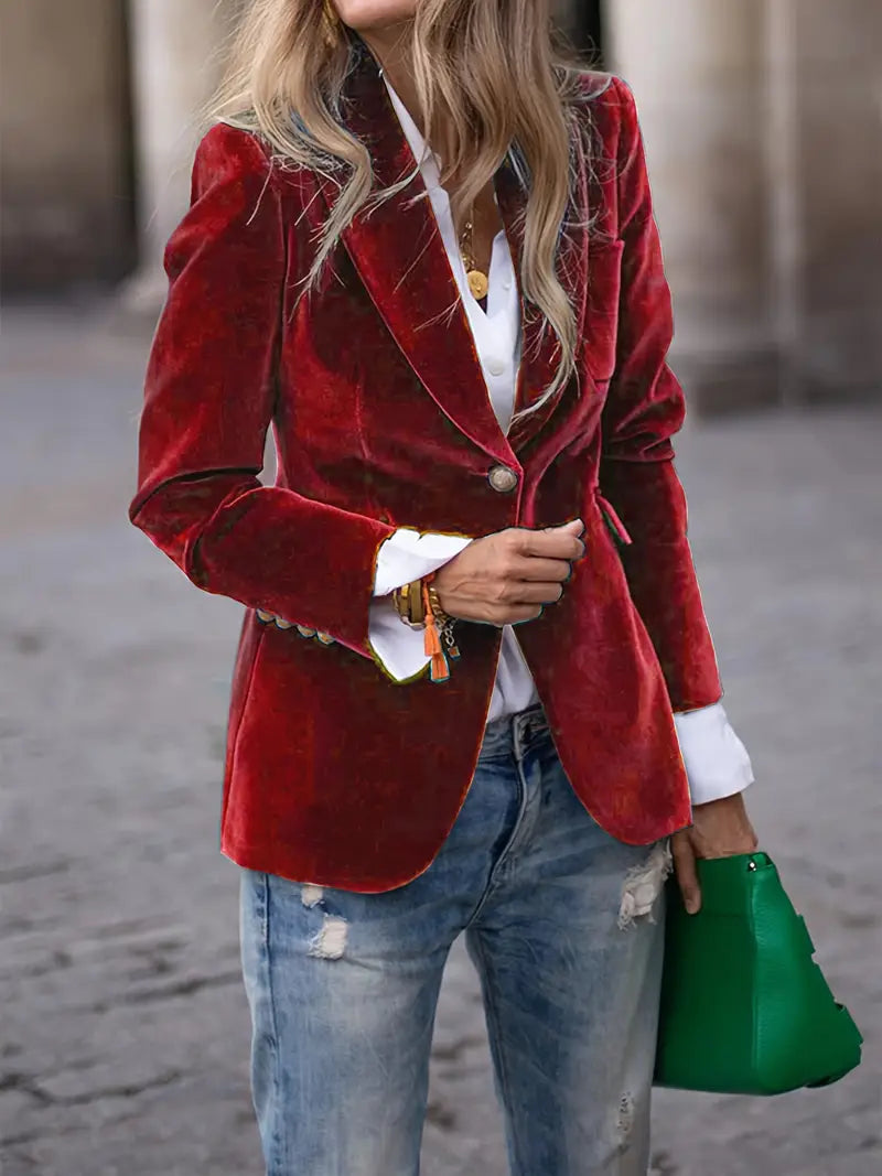 Veste blazer femme – Coupe cintrée – Velours doux – Simple boutonnage élégant