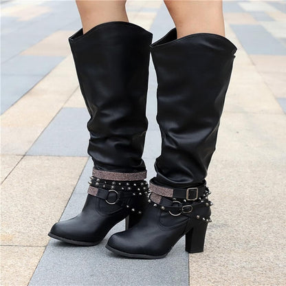 Bottes Hautes Femme - Cuir Élégant - Talon Bloc Confort - Détails Cloutés Mode