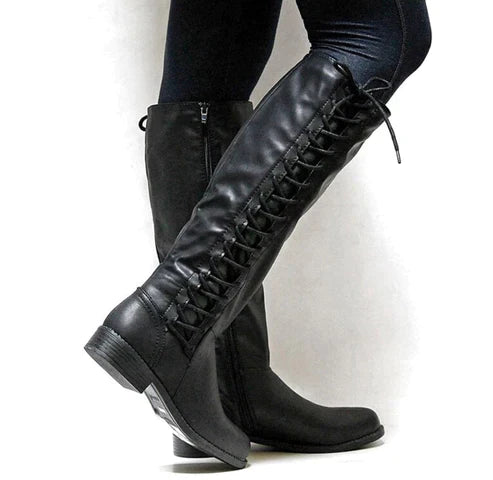 Bottes femme hauteur genou – Ajustement moulant – Laçage frontal – Semelle plate zipée