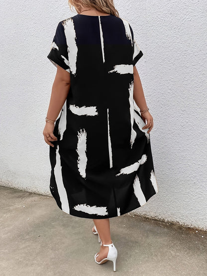 Robe Midi Femme - Coupe Ample - Manches Courtes - Col V Élégant - Motif Artistique