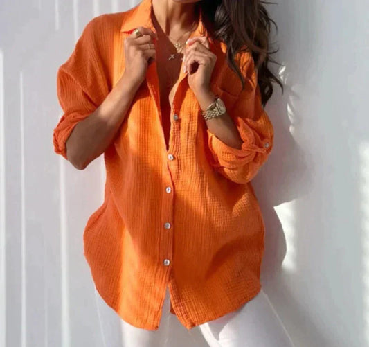 Blouse femme – fibres naturelles – coupe décontractée – manches longues boutonnées