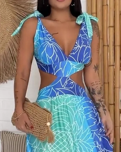Robe Maxi Femme - Dos Ouvert - Bretelles à Nouer - Décolleté Plongeant - Tissu Léger