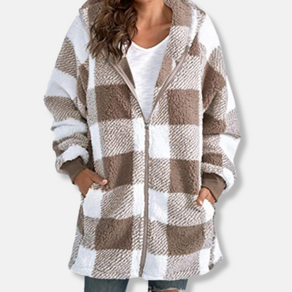 Sweat à capuche femme – Coupe oversize – Maille duveteuse – Motif à carreaux – Zippé