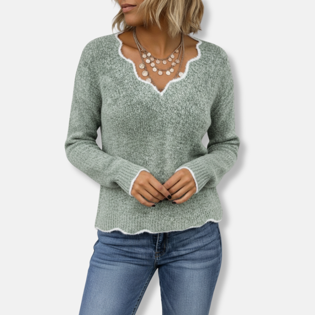 Pull femme – Coupe décontractée – Maille laine – Col festonné élégant