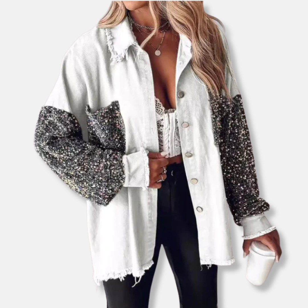 Femme Veste en Jean - Coton Mélangé - Coupe Oversize - Longueur Tunique - Bords Effilochés