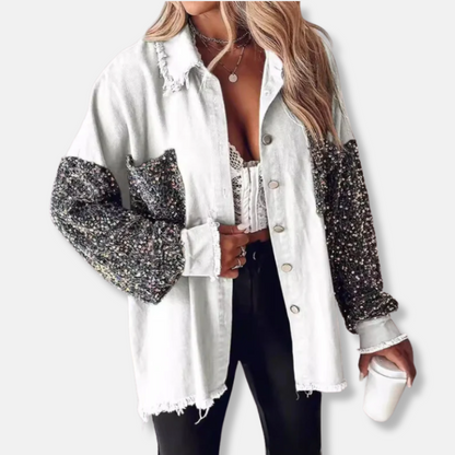 Femme Veste en Jean - Coton Mélangé - Coupe Oversize - Longueur Tunique - Bords Effilochés