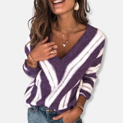 Anna Laine V-Neck Sweater | Sweater Décontracté Rayé Manches Longues