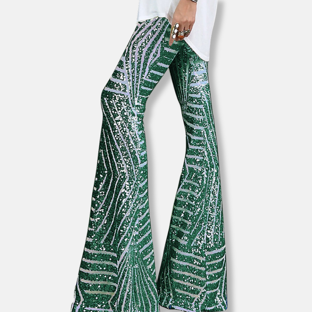 Pantalon femme – Taille haute – Jambe large – Sequins géométriques – Longueur totale