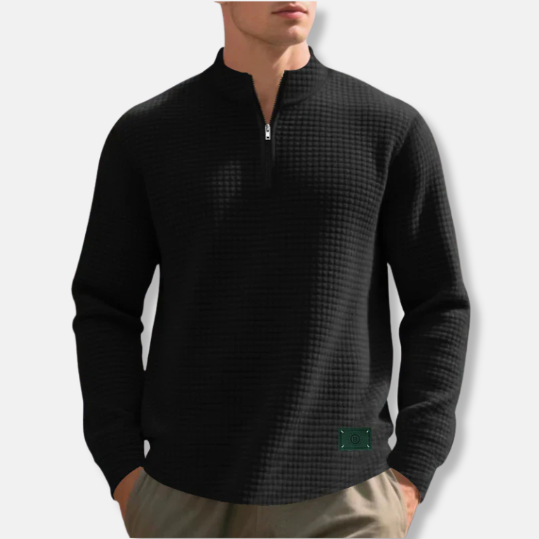 Homme Pull - Mélange Coton - Manches Longues - Col Montant Zippé